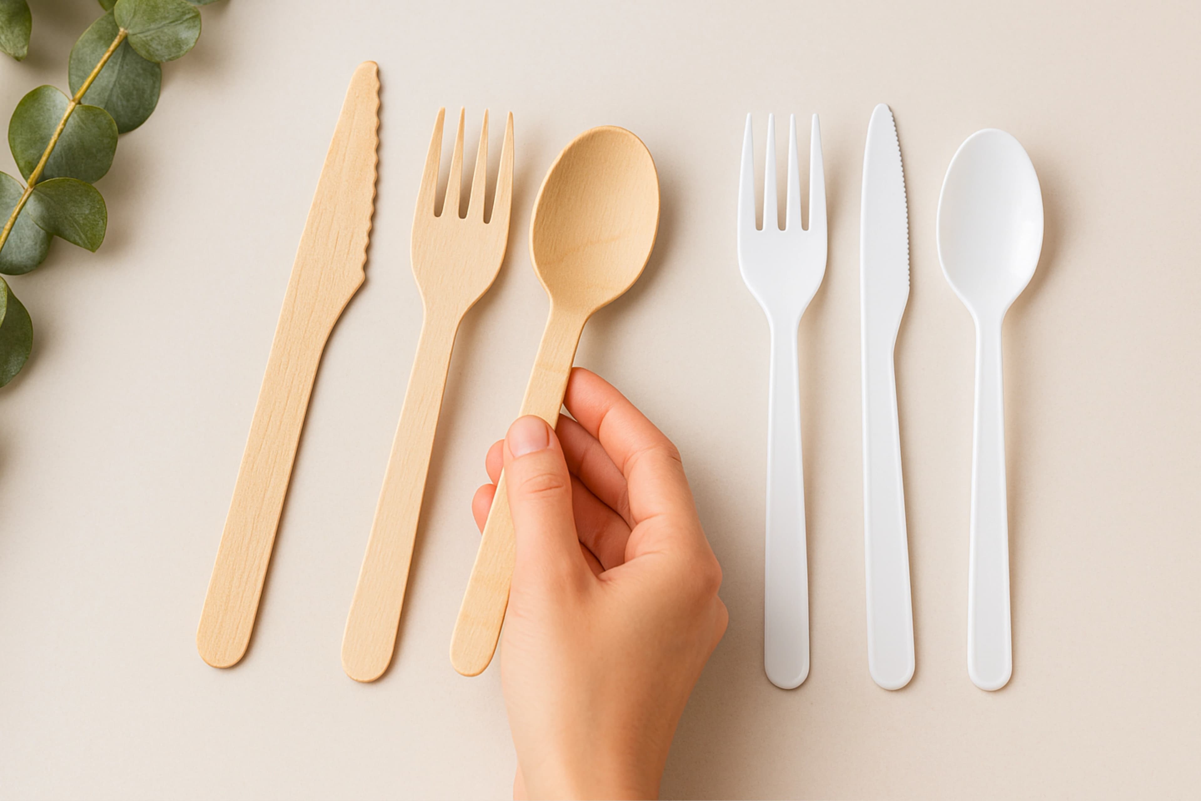 A wooden knife, fork and spoon laid out next to a white plastic knife, fork and spoon