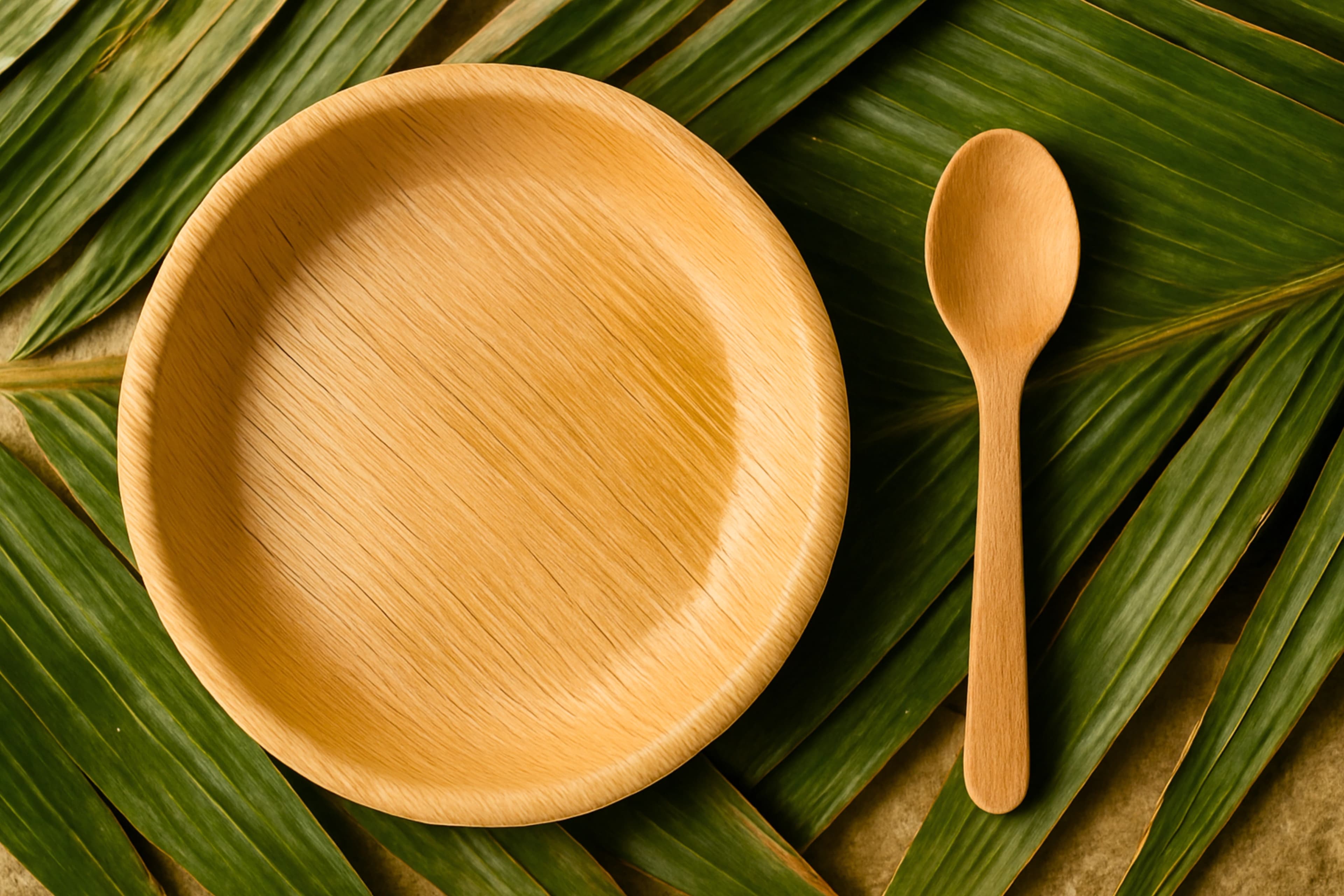 A round leaf plate on areca leaves with a wooden spoon beside it