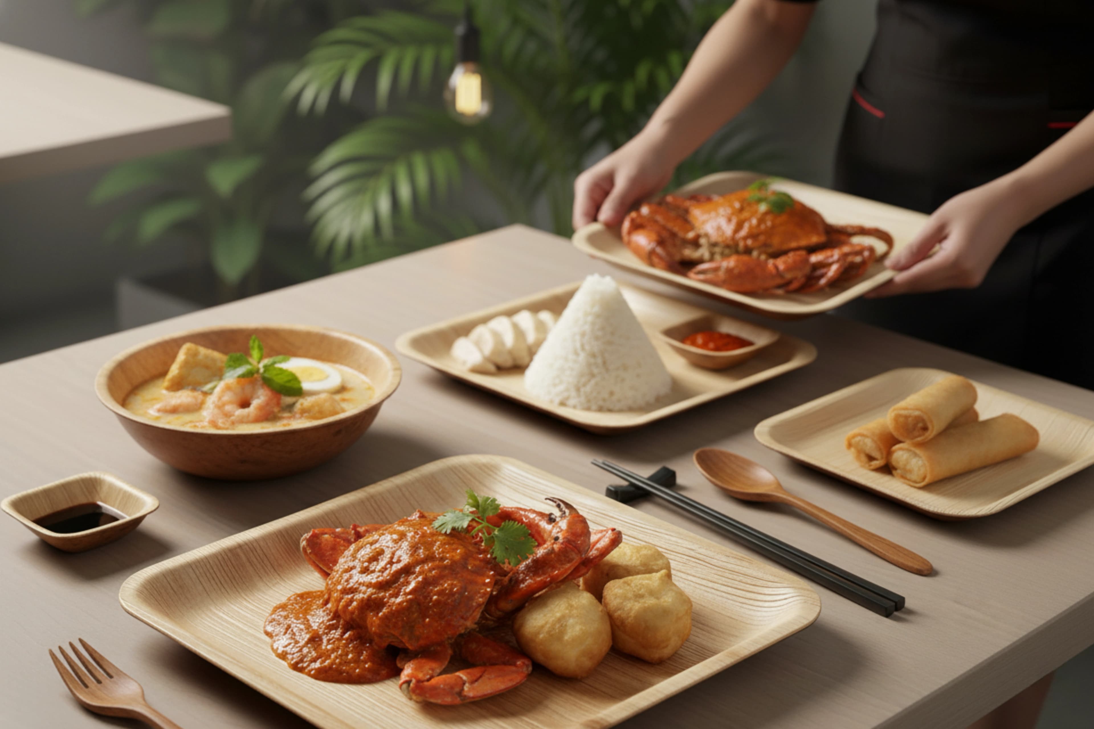 Leaf plates and a bowl of laksa on a restaurant table, set with a wooden spoon and fork and a pair of chopsticks