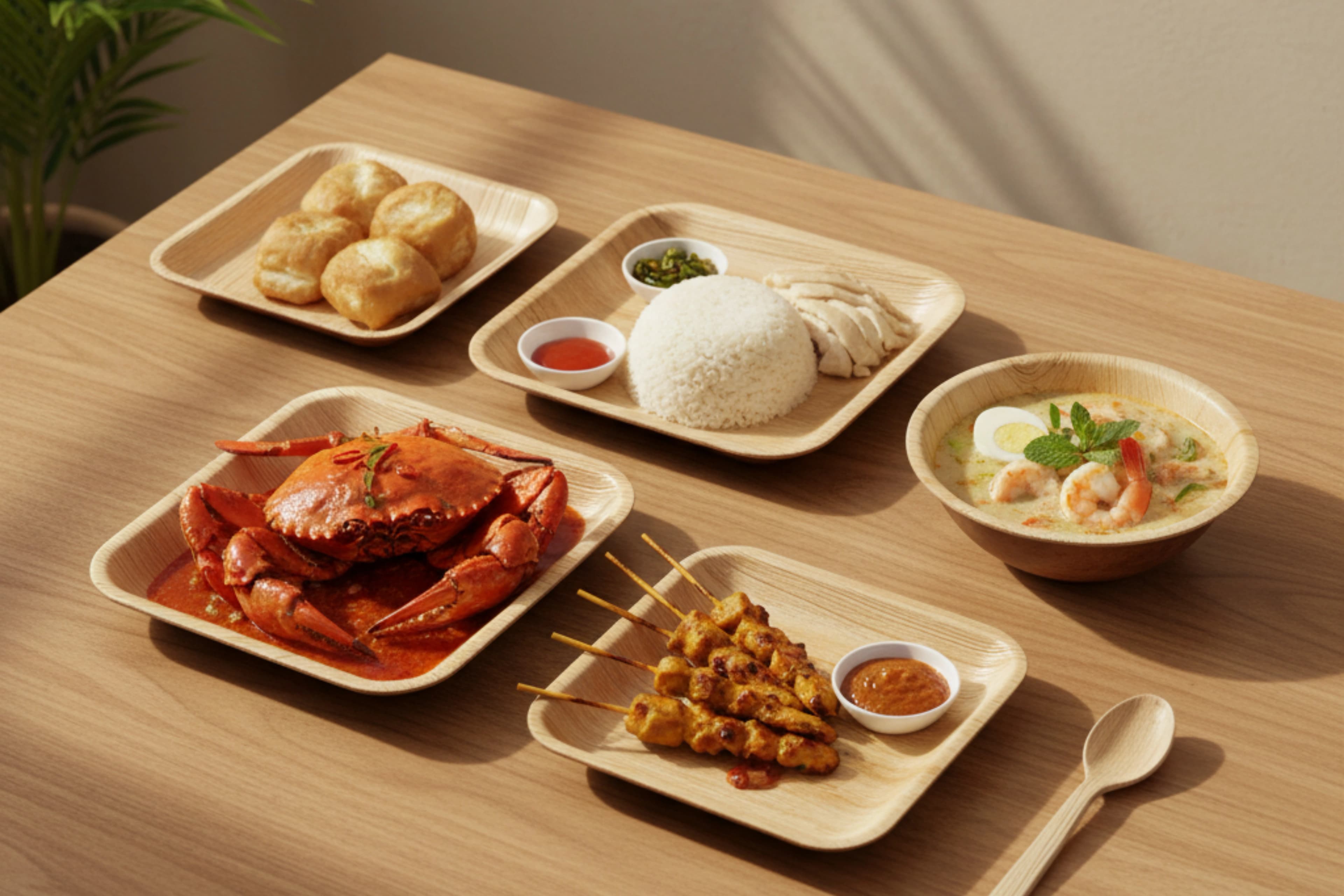 Chilli crab, satay, chicken rice and buns on areca leaf plates, with a prawn curry in an areca leaf bowl