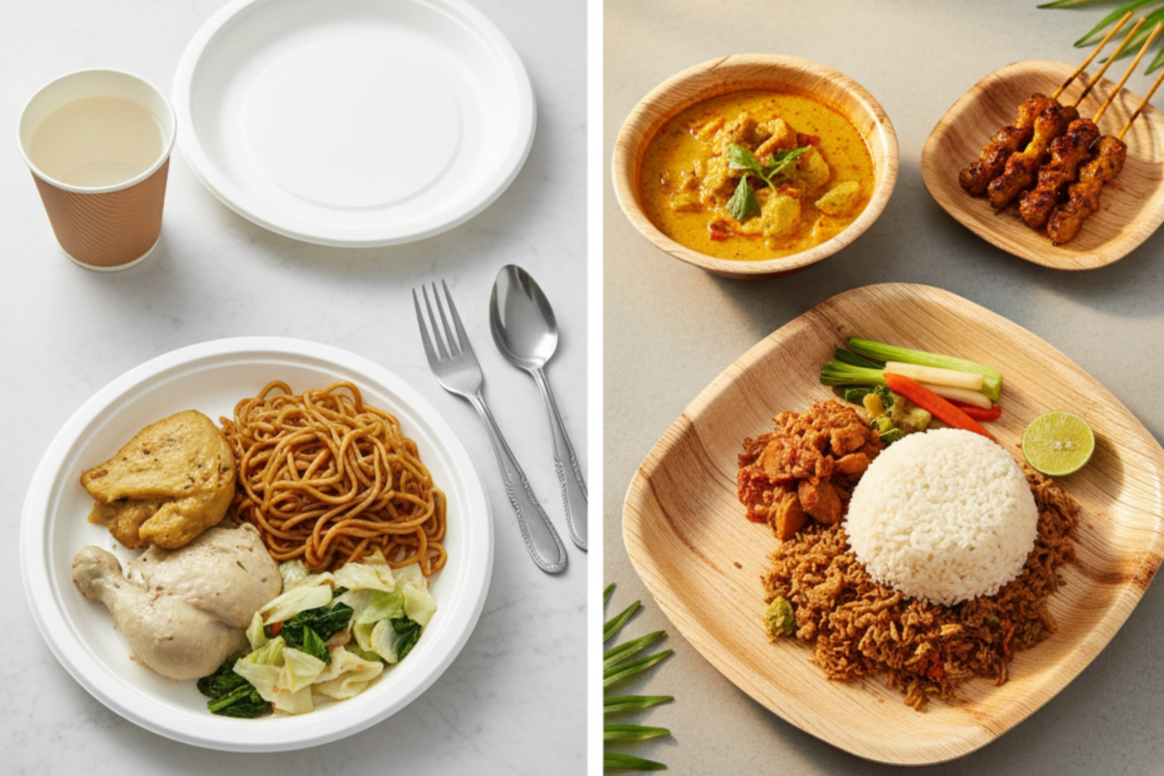 A meal on white disposable plates next to a similar meal on areca leaf plates and bowls