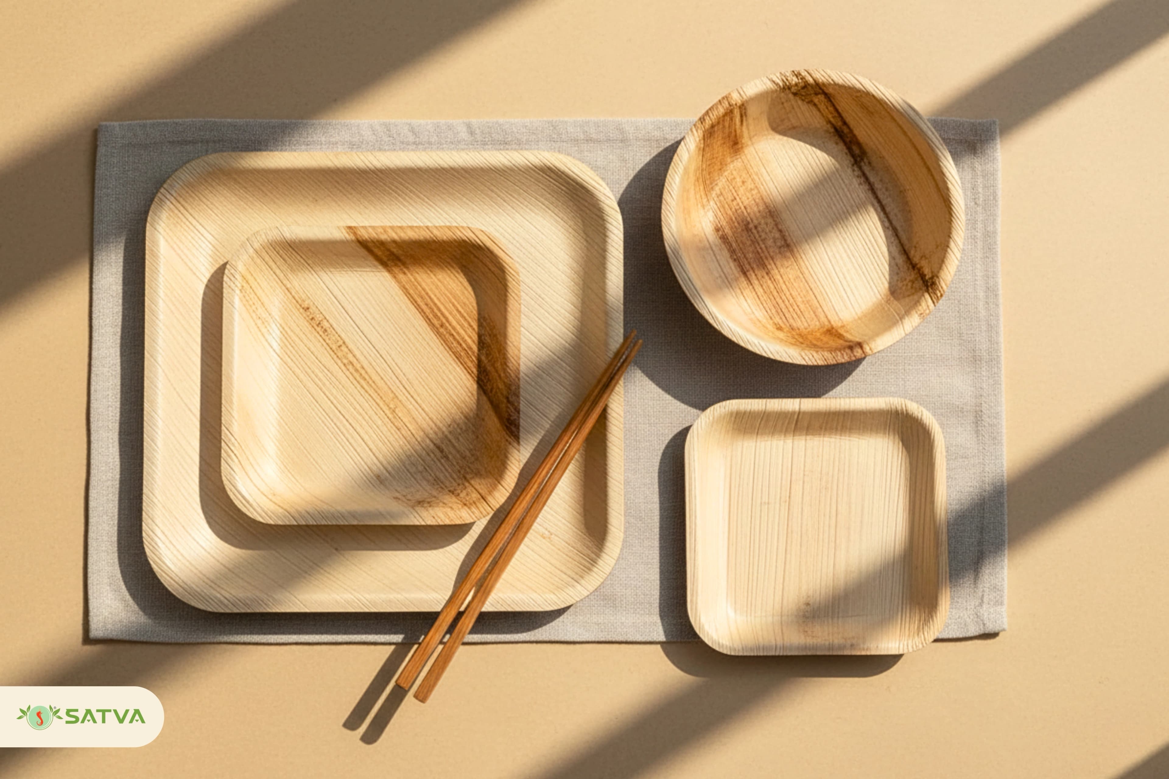 Areca leaf square plates and a round bowl with wooden chopsticks on a linen mat