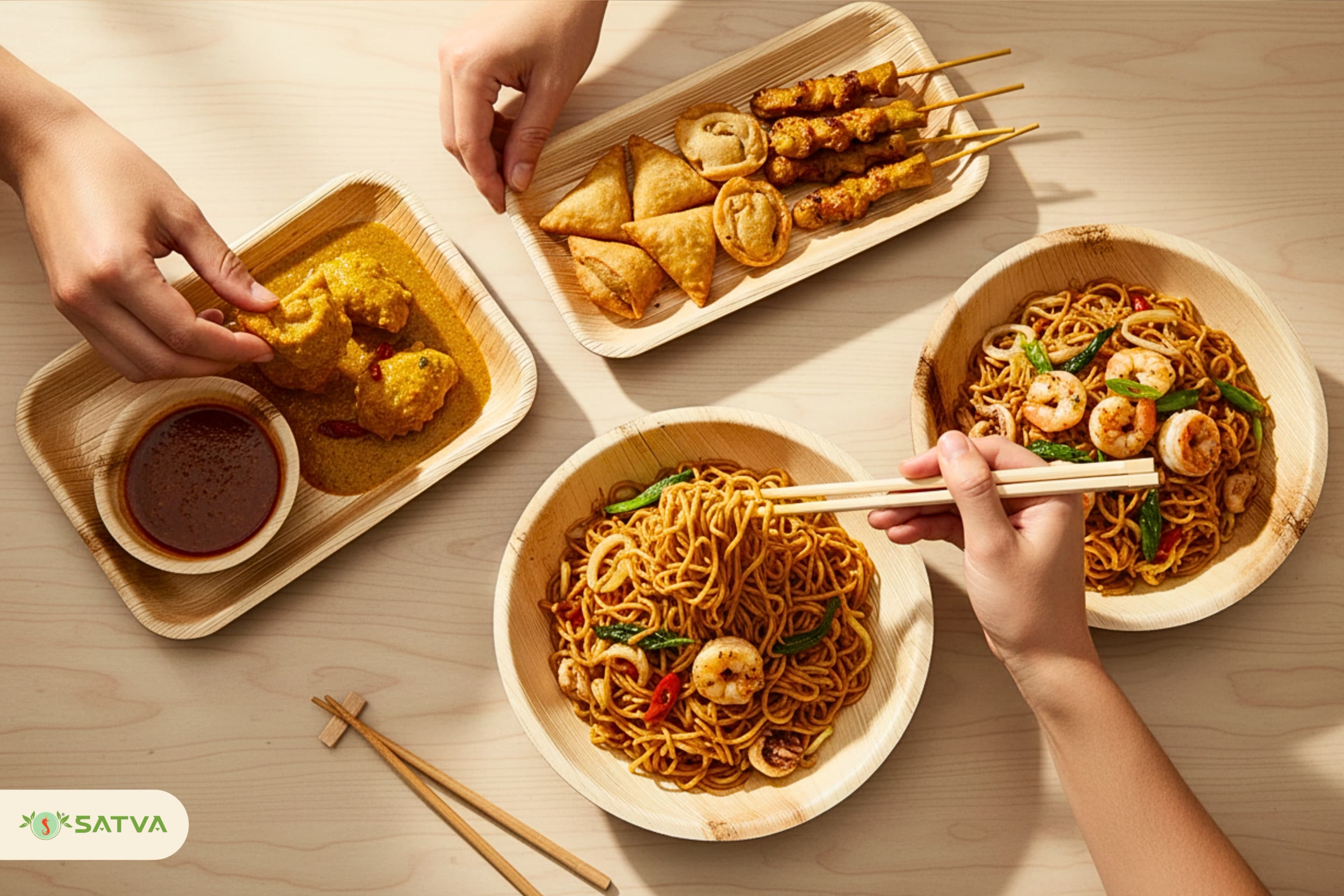 Noodles in areca leaf bowls, with curry and satay served alongside