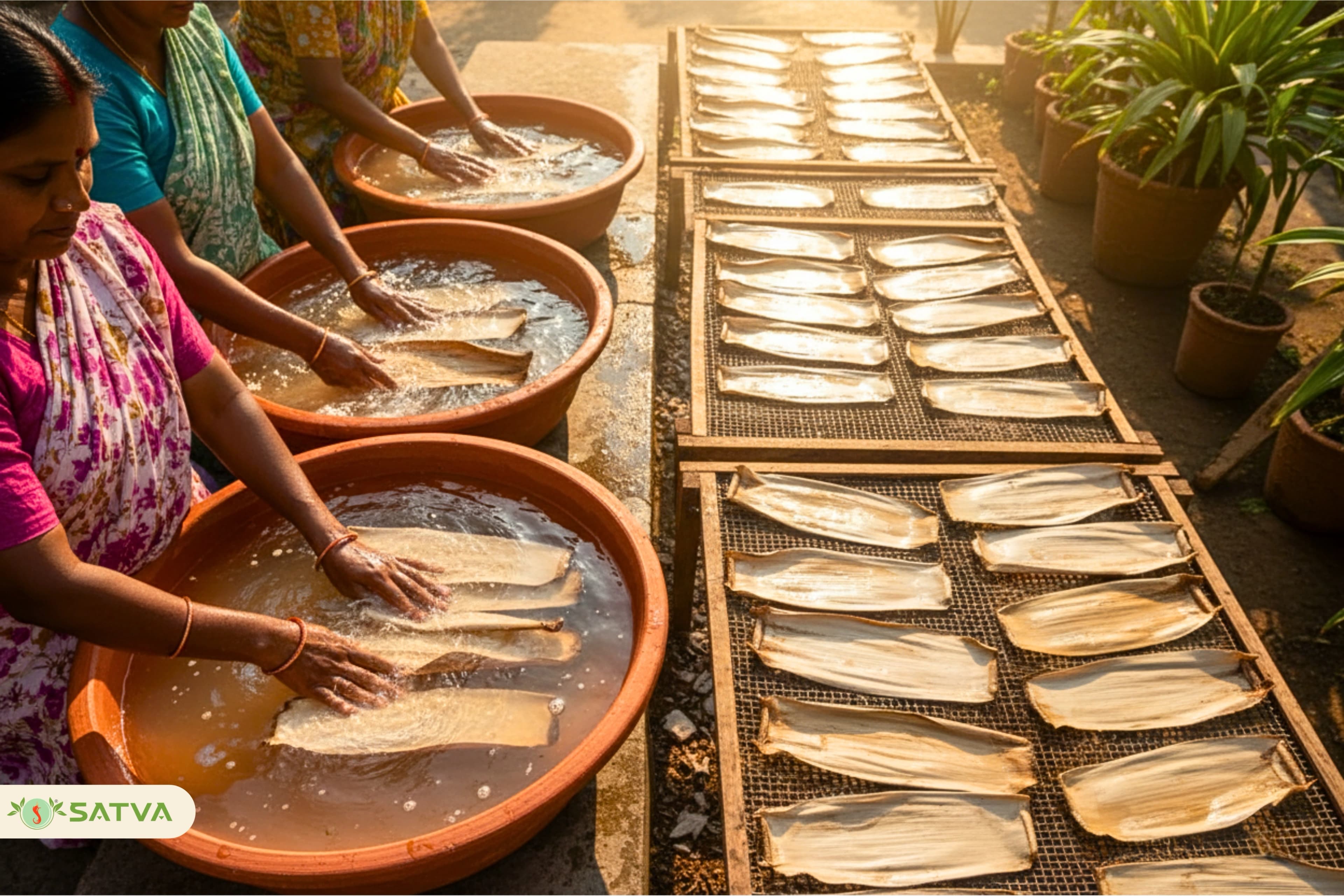 Washed areca leaves laid out to dry