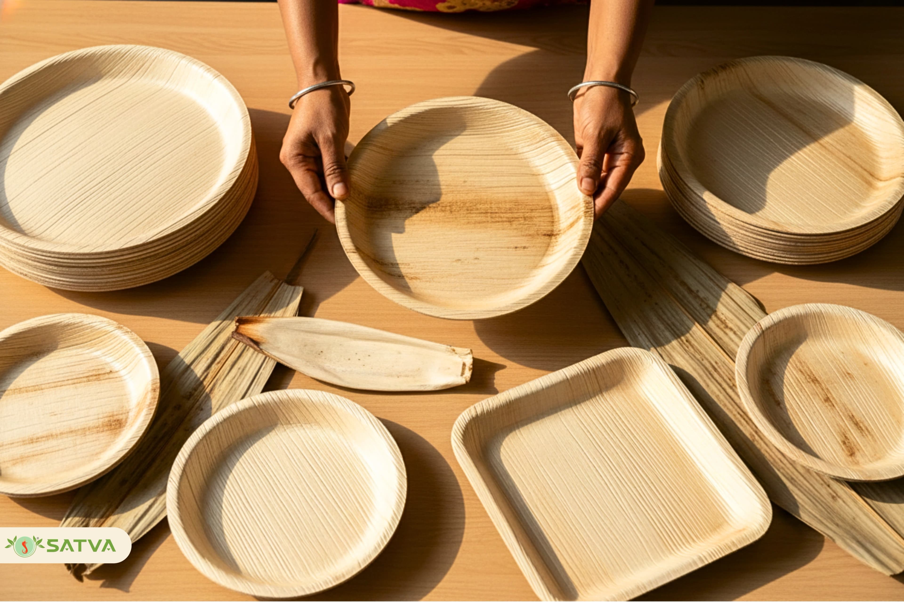 Finished areca leaf plates being checked for cracks and spots
