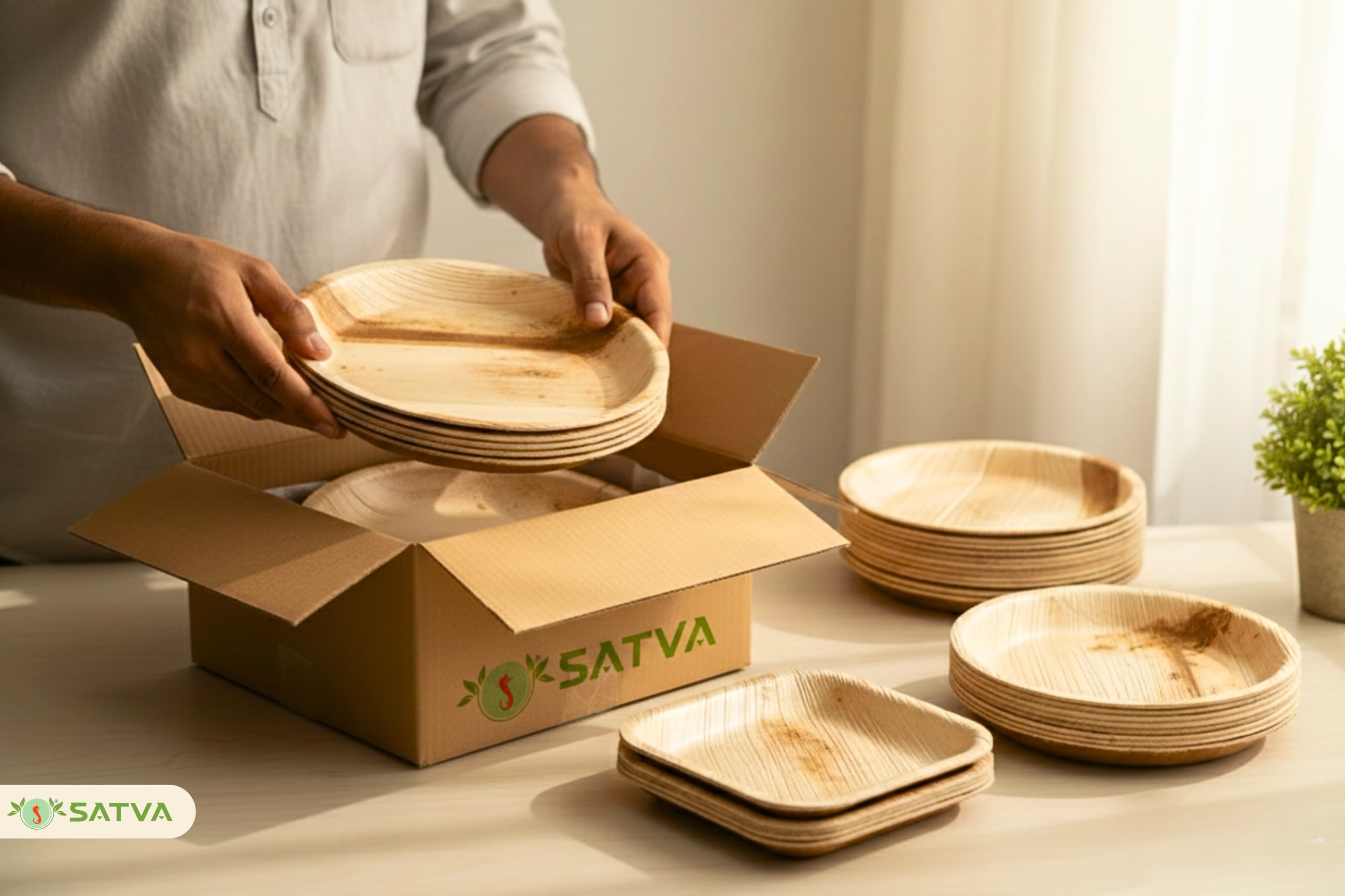 A stack of finished areca leaf plates