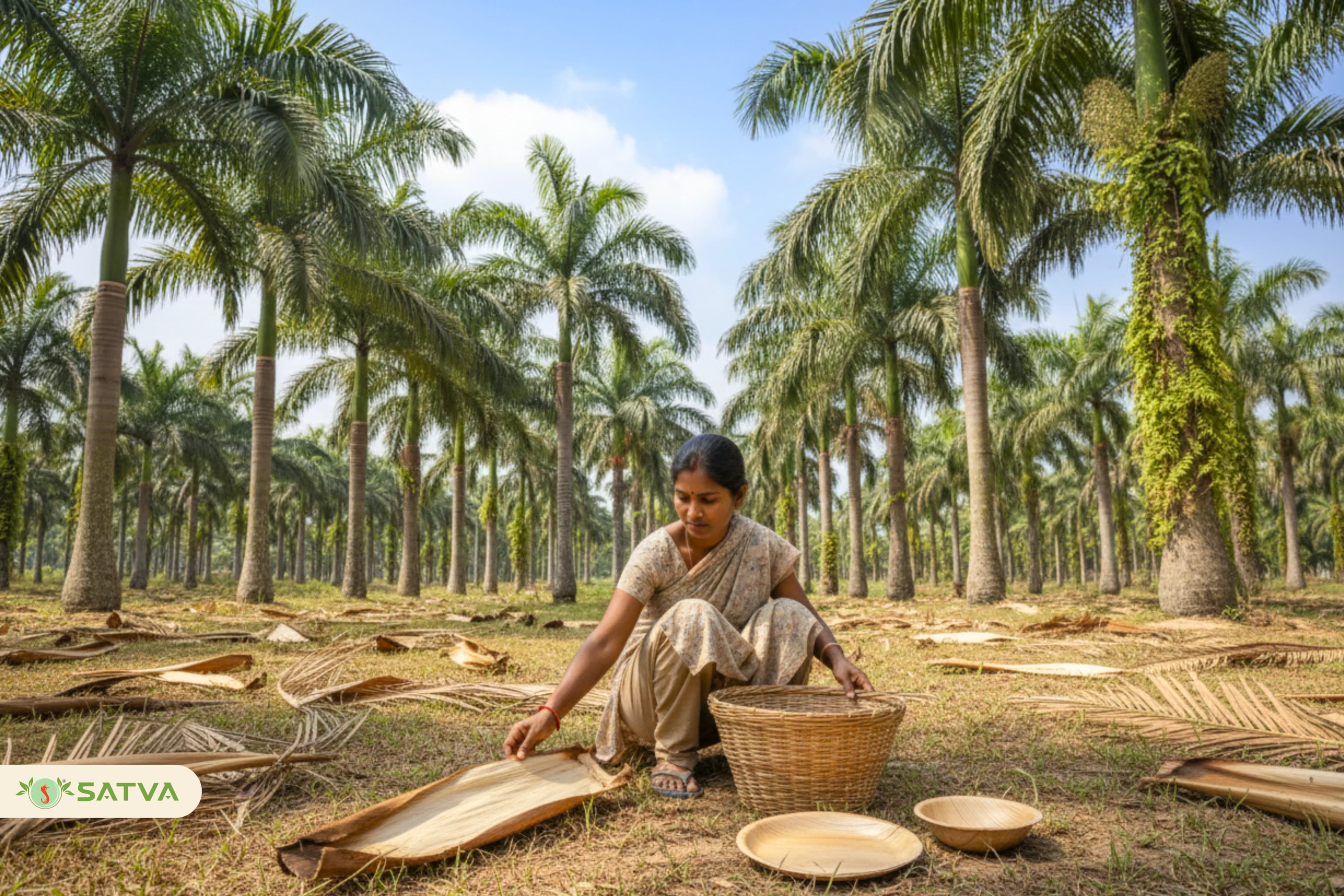 Fallen areca leaves collected before pressing