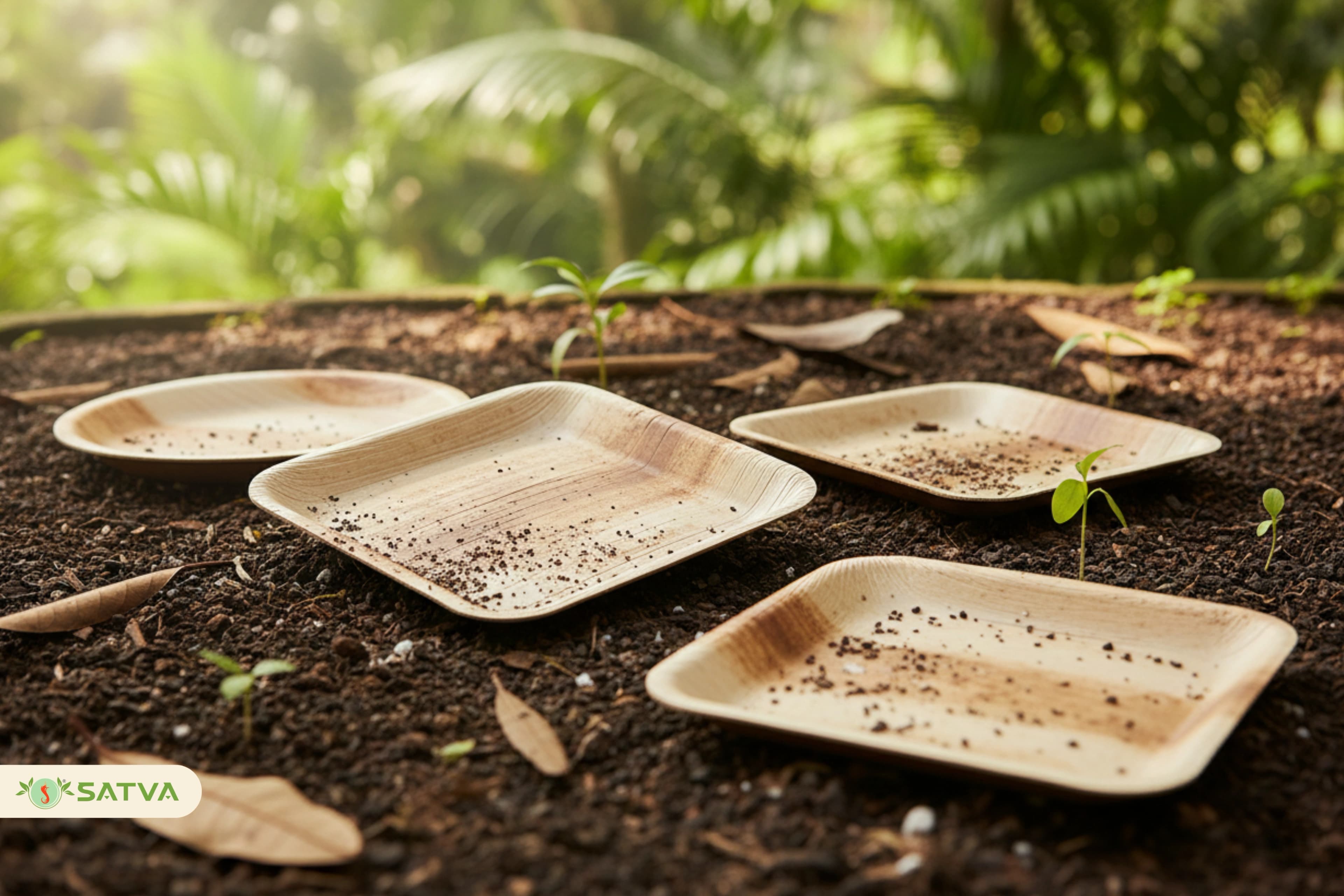 Used areca leaf plates after an event