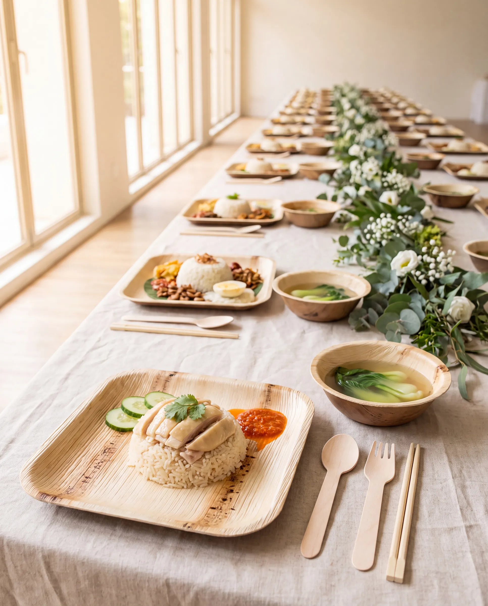 A long wedding table set with chicken rice and soup on Satva leaf plates and bowls, with wooden cutlery
