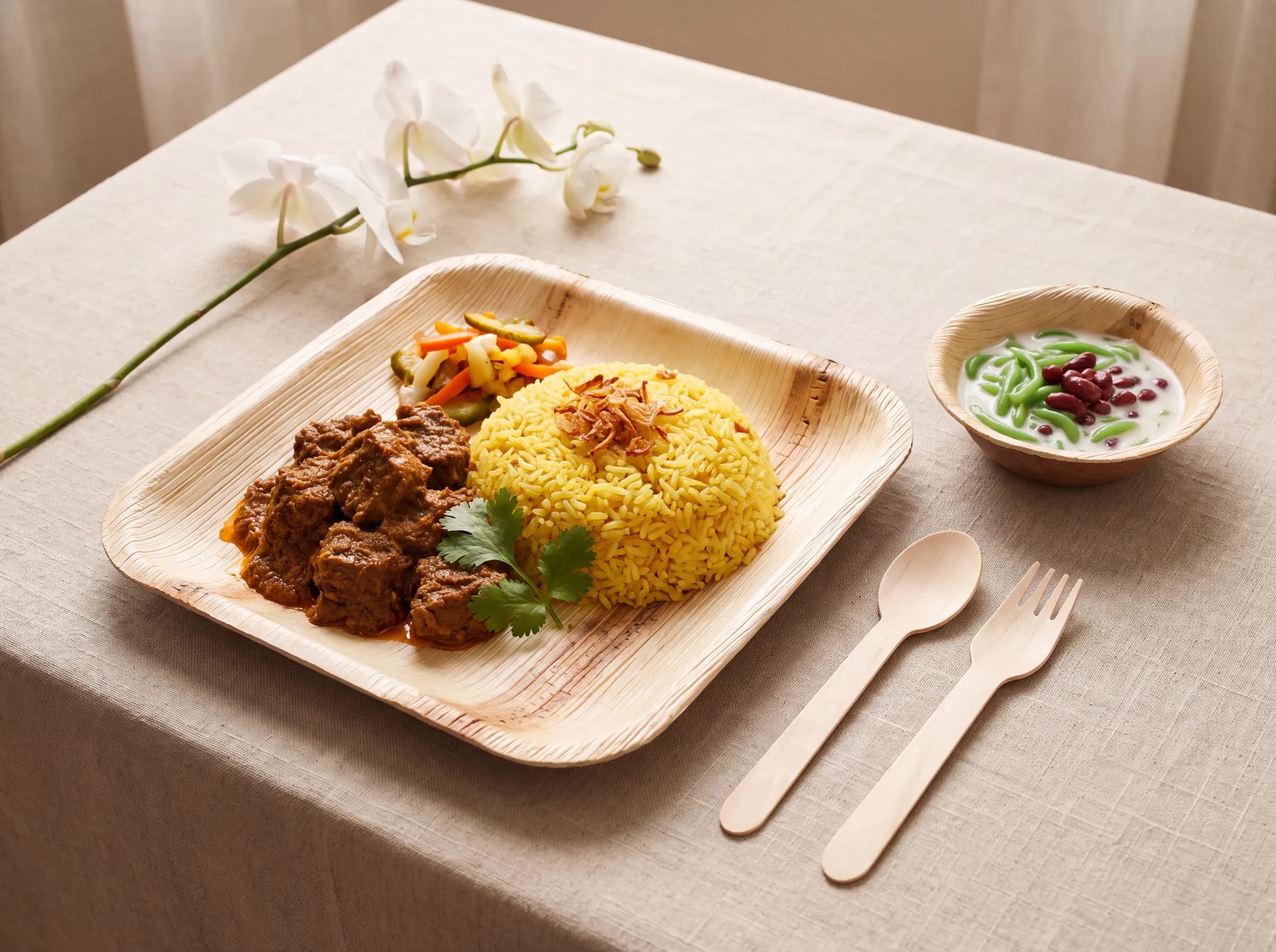 A wedding place setting: nasi kuning and rendang on a Satva square plate, a dessert bowl and wooden cutlery