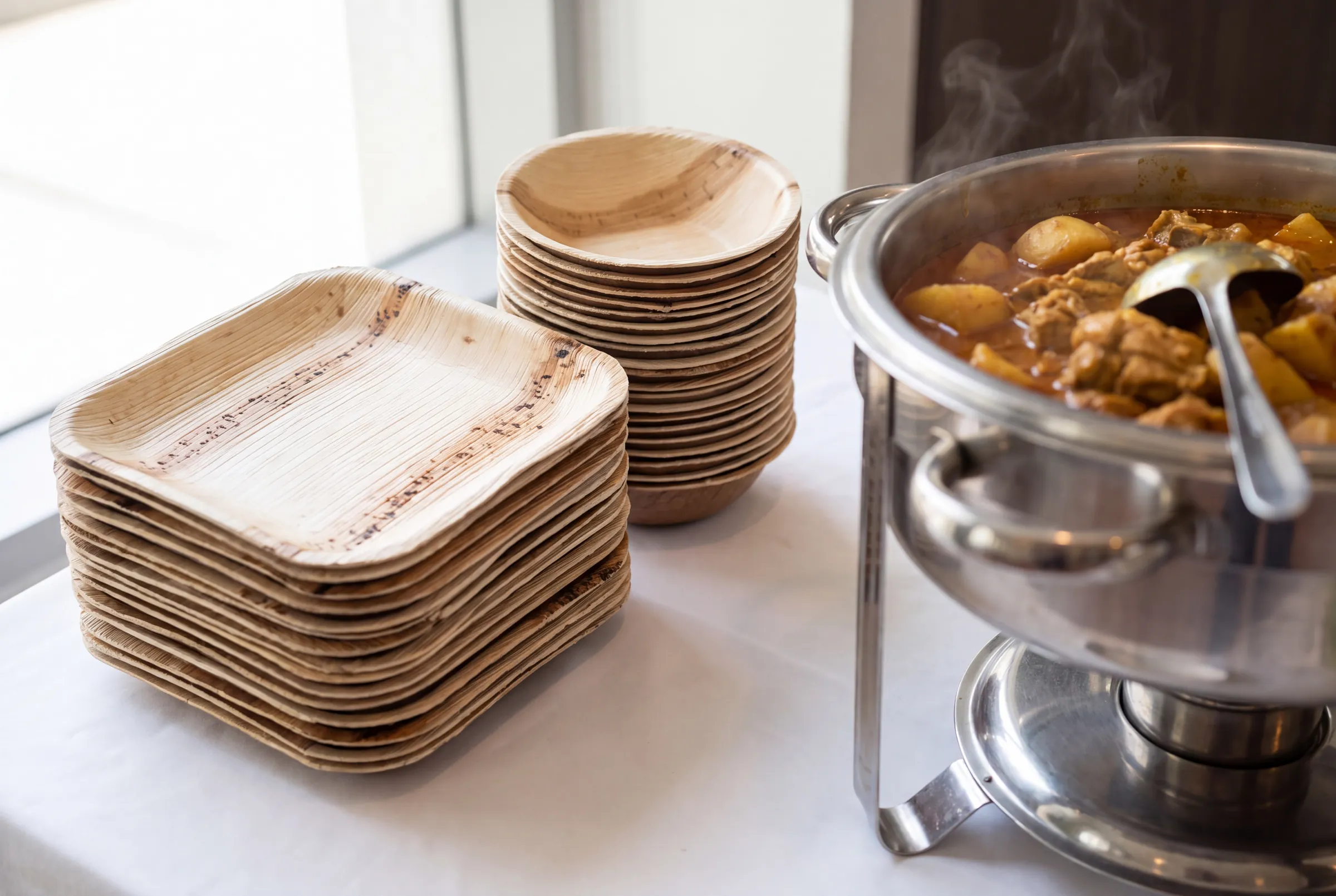 Stacks of Satva leaf plates and bowls beside a chafing dish of curry