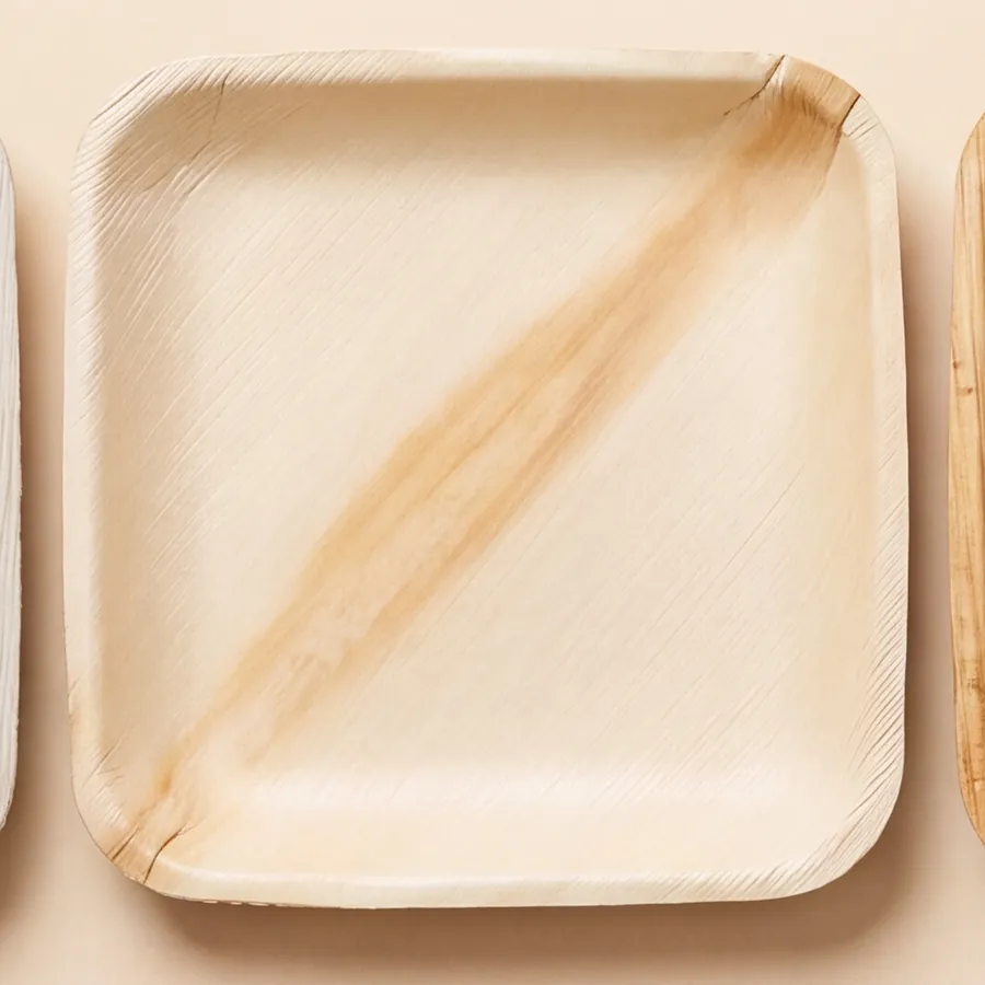 A pale Satva square plate with a light streak in the grain