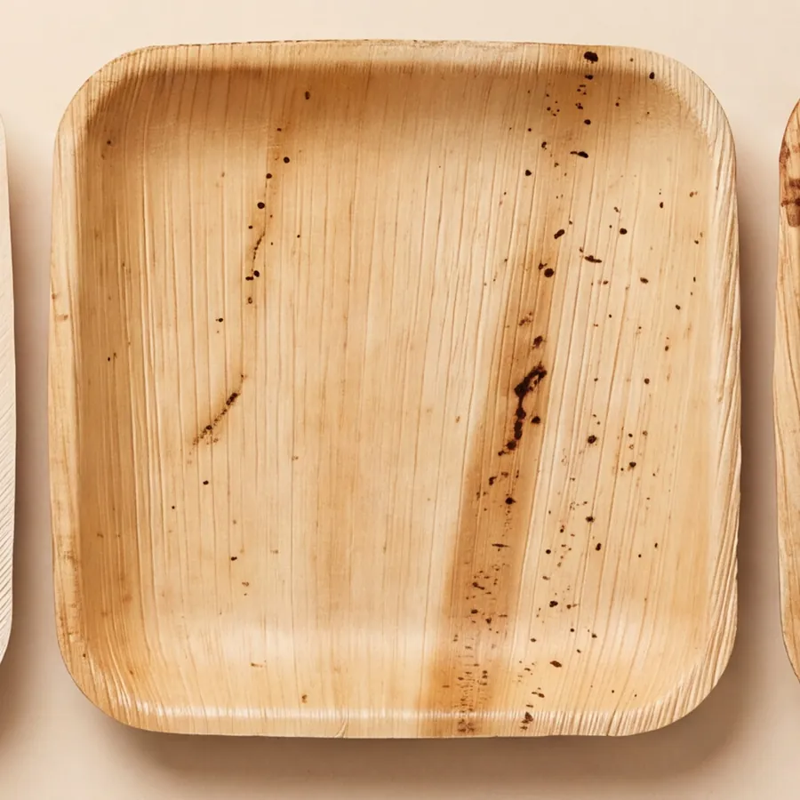 A tan Satva square plate with dark flecks in the grain