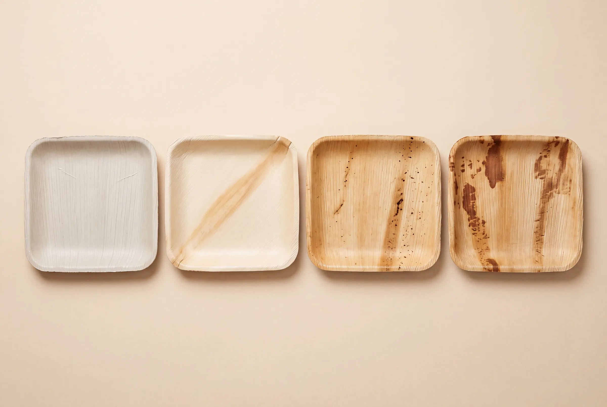 Four Satva square plates in a row, from pale cream to deep tan