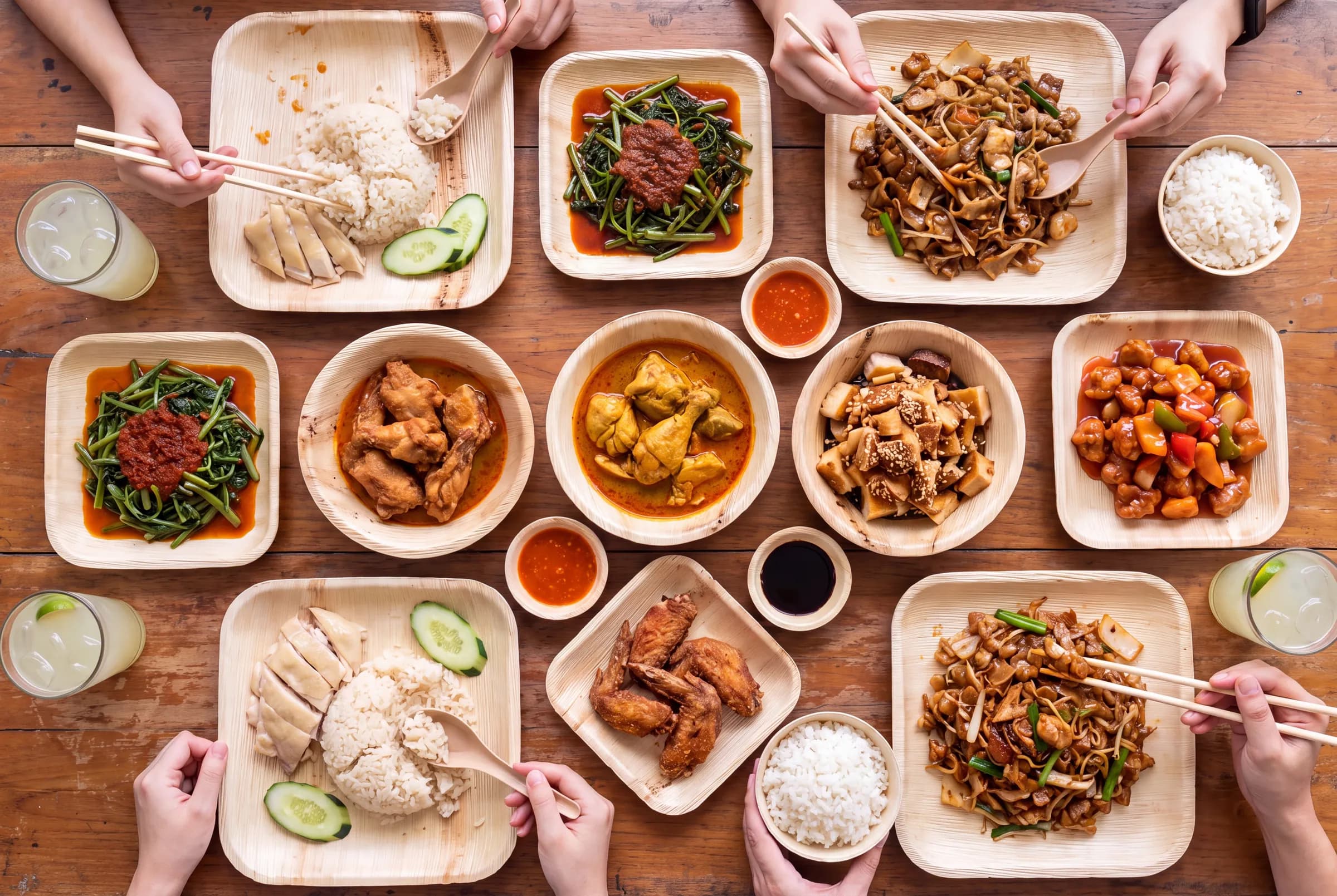 A shared table from above, mid-meal, with dishes on Satva plates and bowls