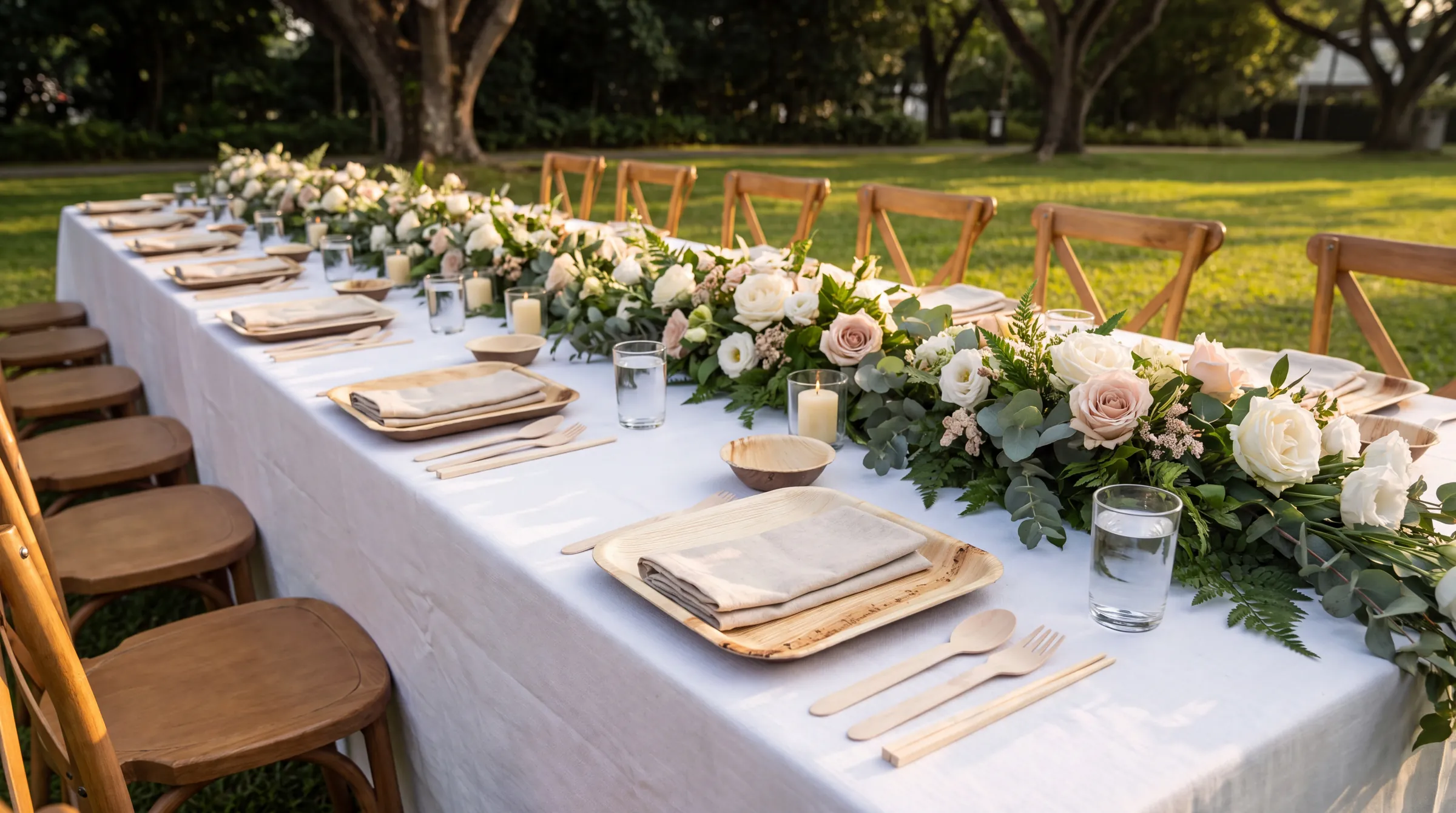 A garden wedding table set with Satva plates, bowls and wooden cutlery