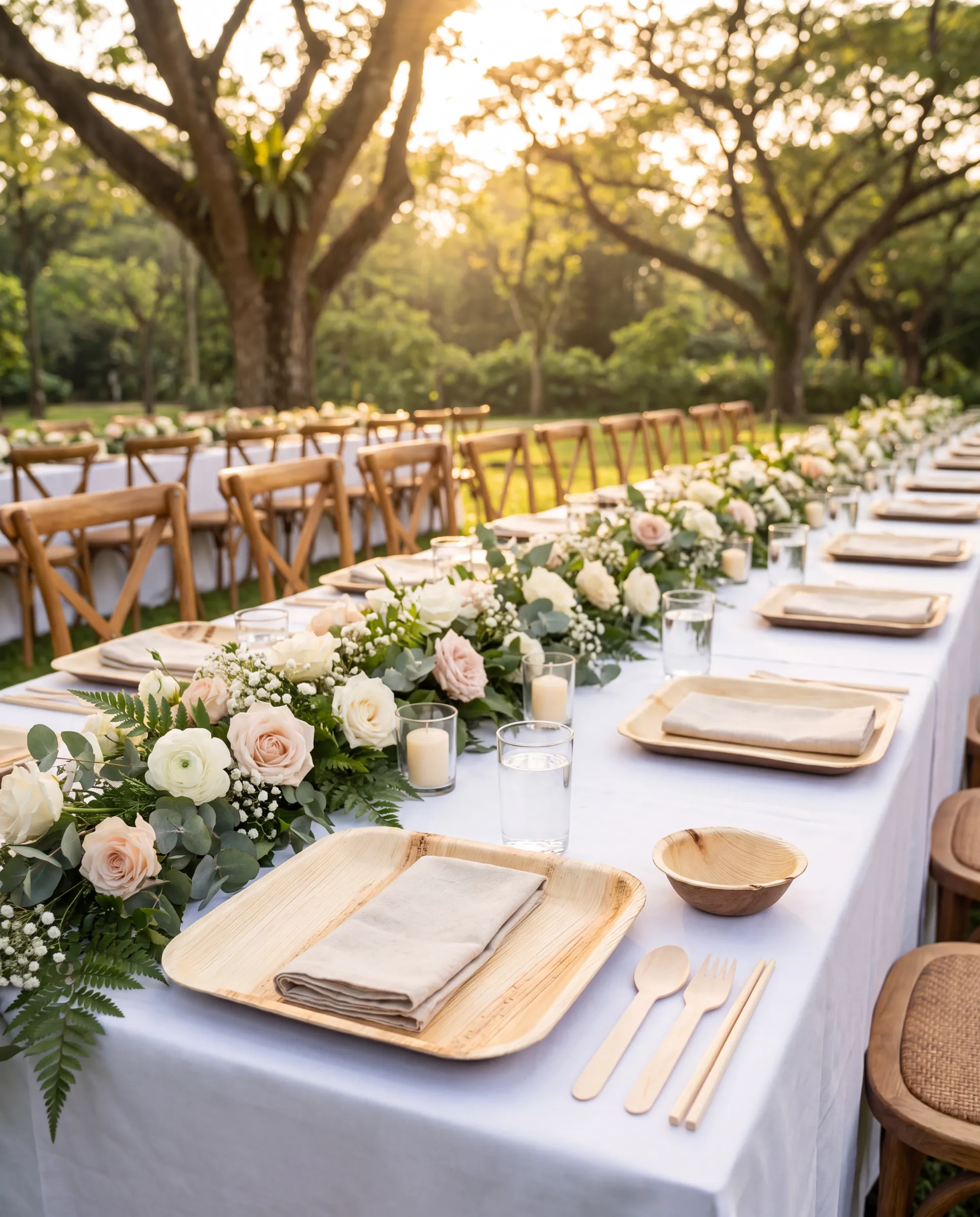 A garden wedding table set with Satva plates, bowls and wooden cutlery