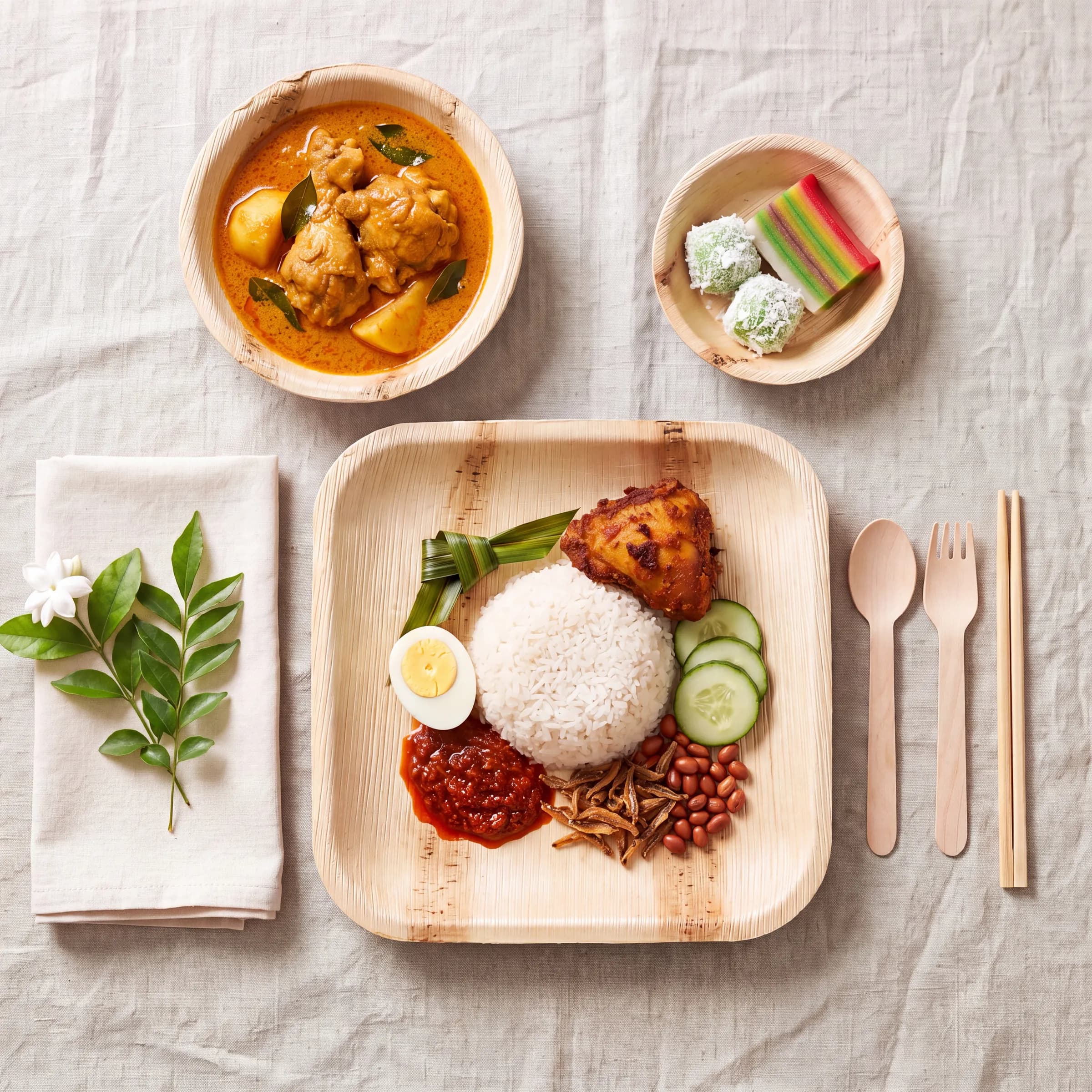 One place setting from above: nasi lemak on a Satva square plate, curry and kueh in bowls, wooden cutlery