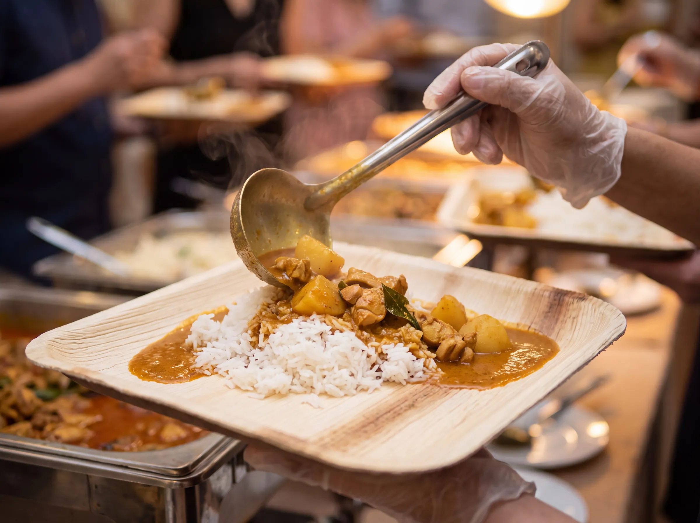 Curry being ladled onto rice on a Satva plate at a buffet