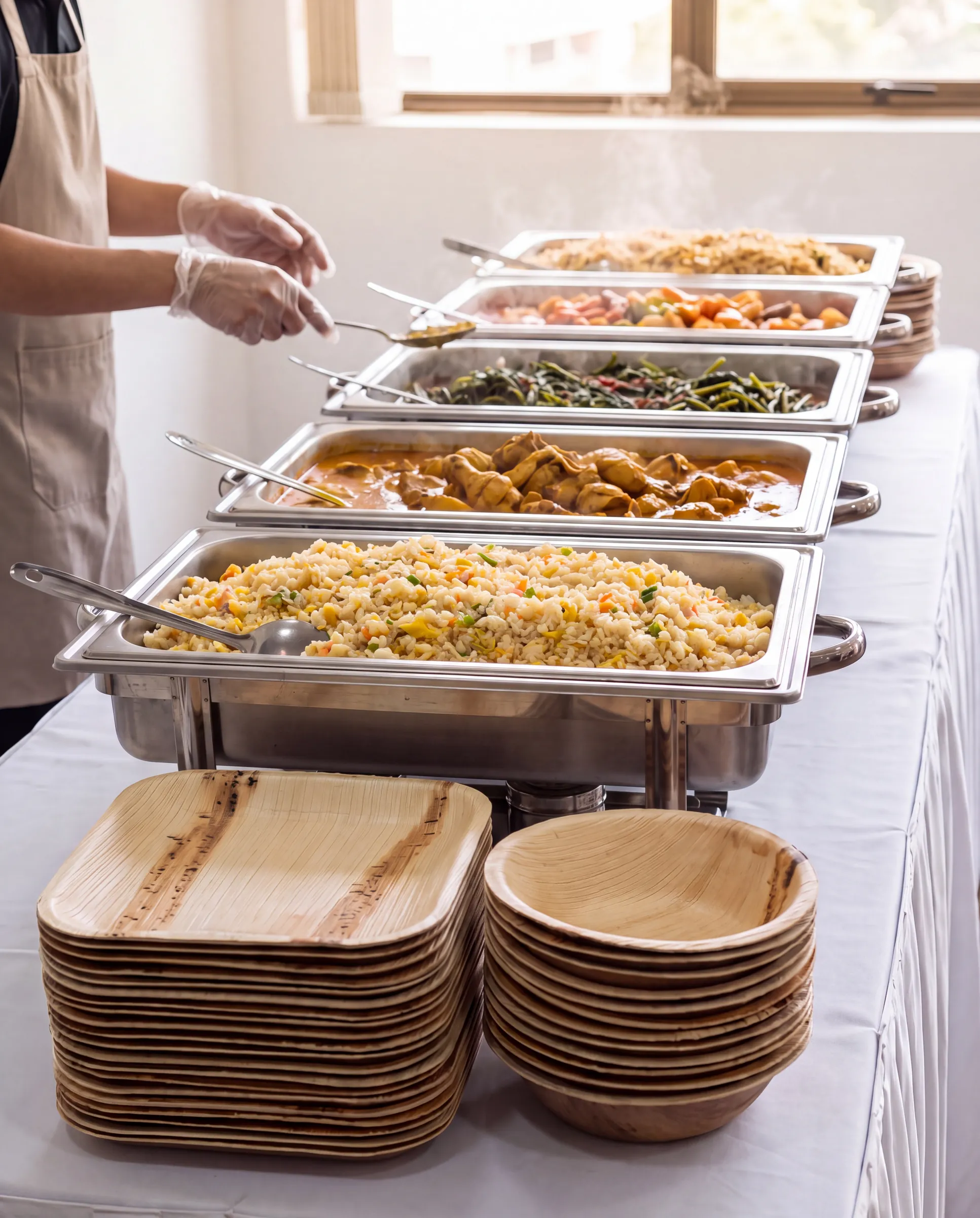 A catered buffet line with stacks of Satva plates and bowls at the start
