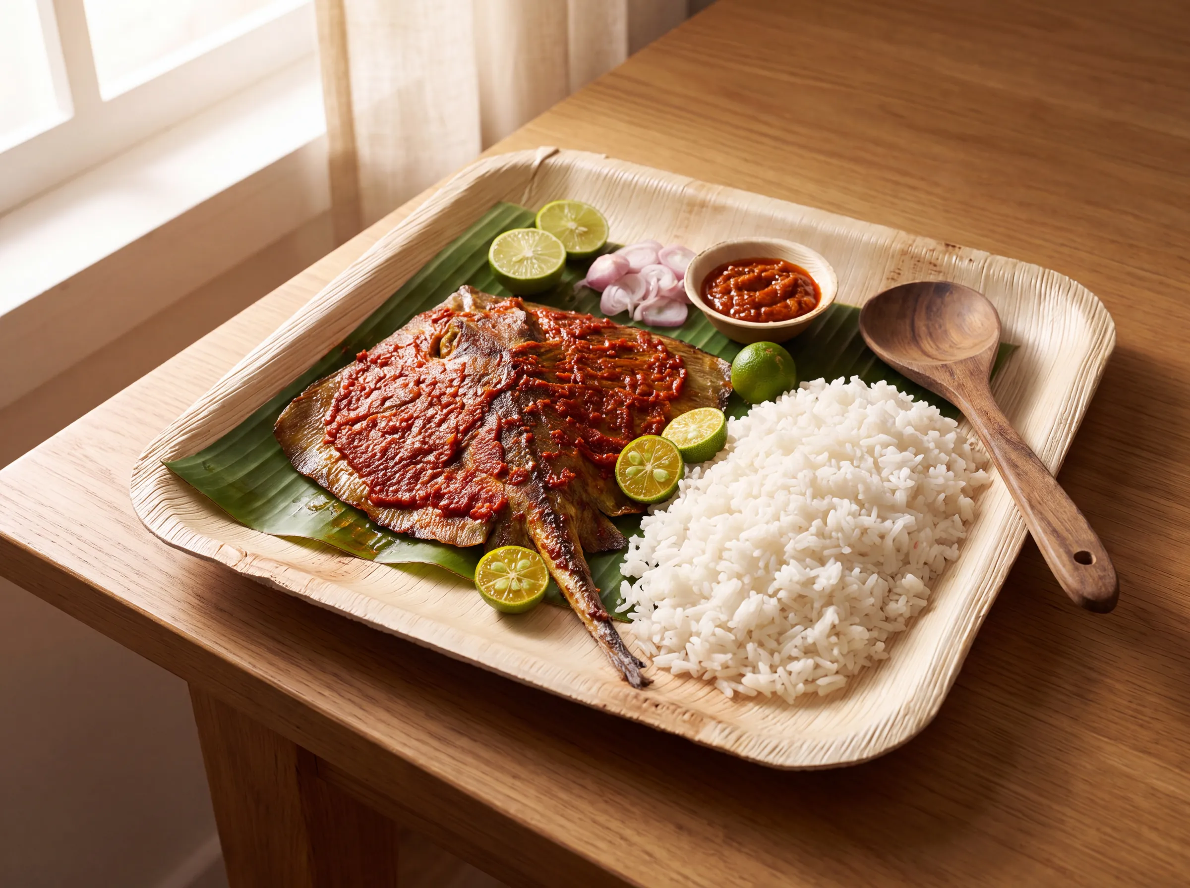 Sambal stingray and rice on the Satva Quarter Plate