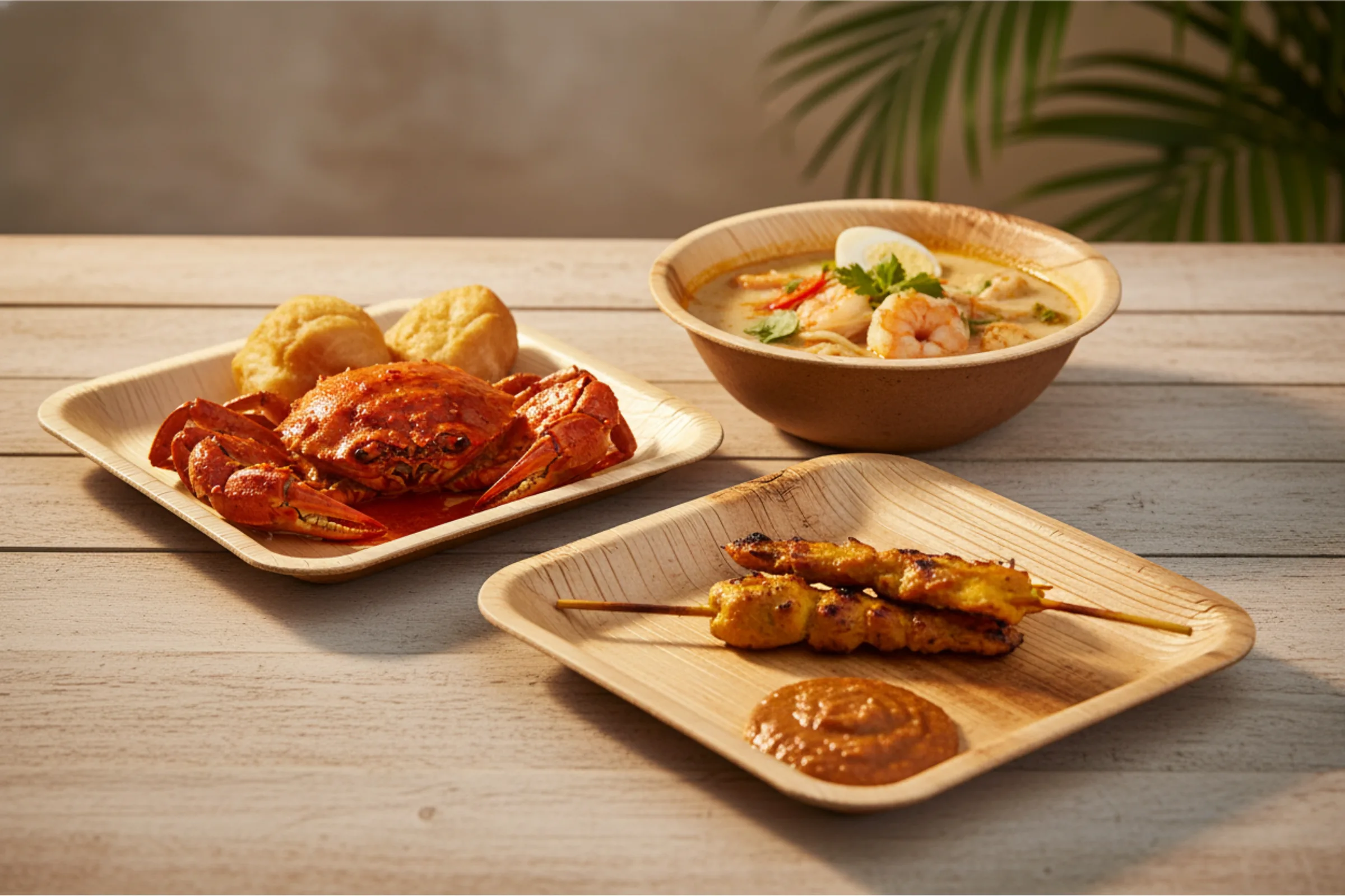 Chilli crab and satay on Satva square plates with laksa in a bowl