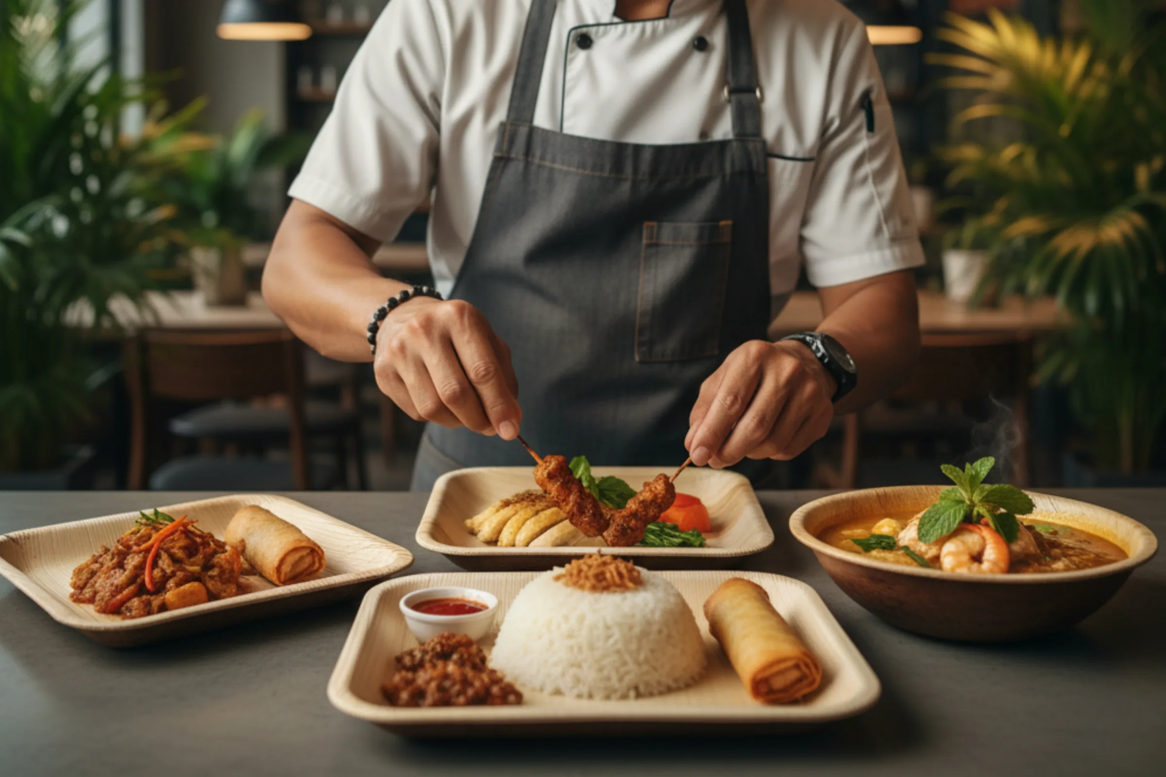 A chef plating dishes on Satva plates and bowls