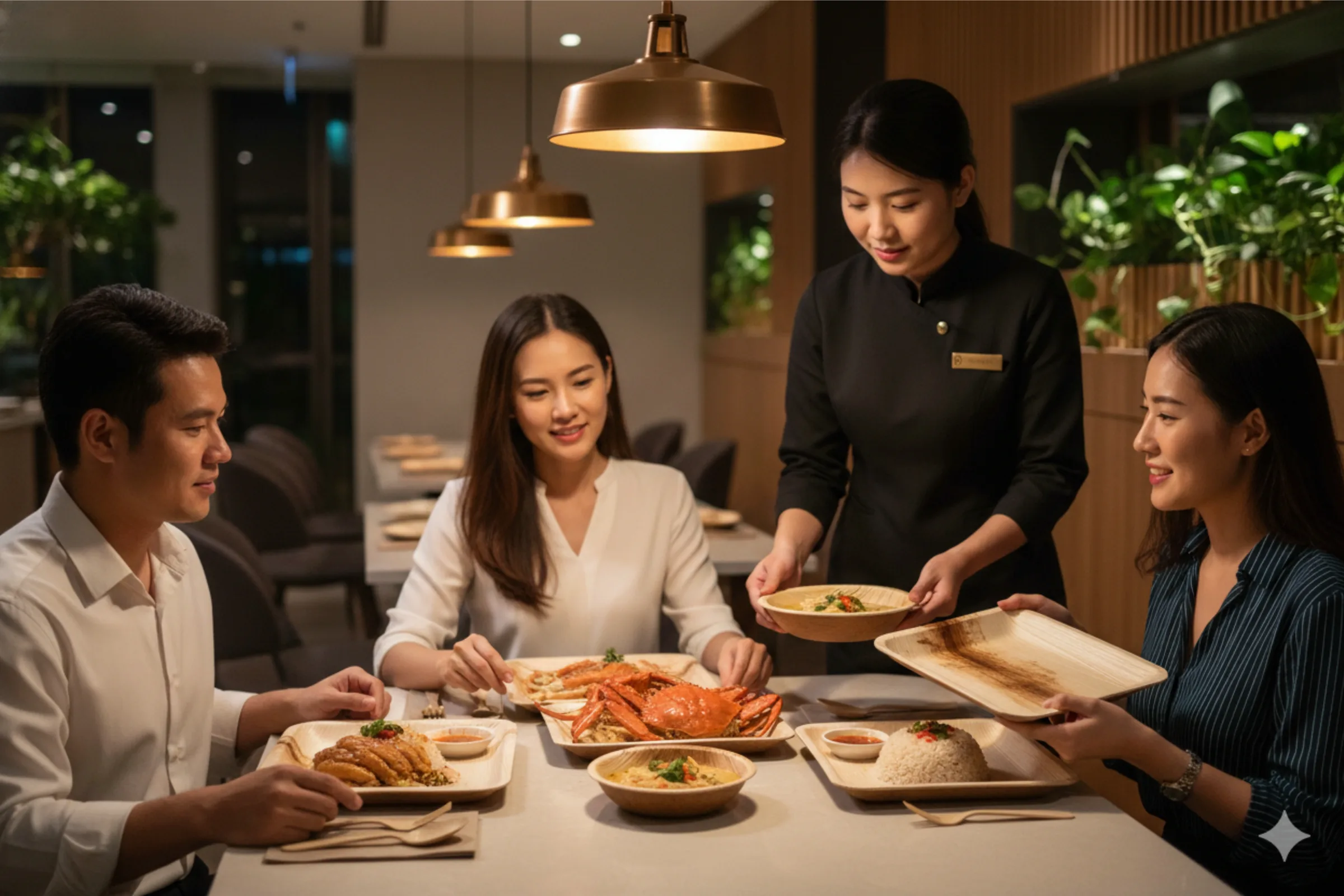Guests being served at an event table set with leaf plates