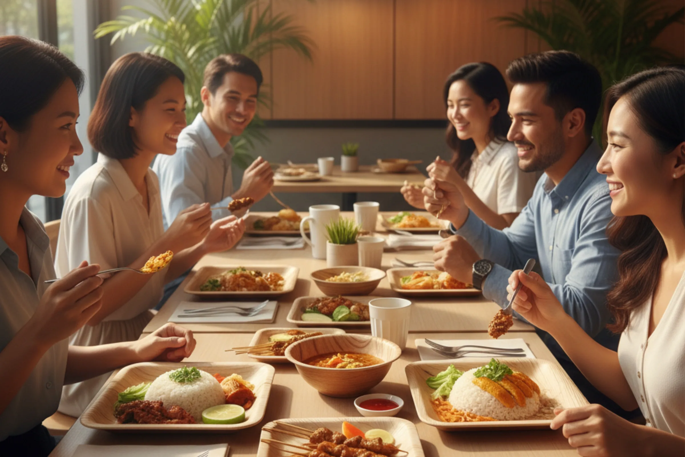 Friends sharing a meal served on Satva plates and bowls