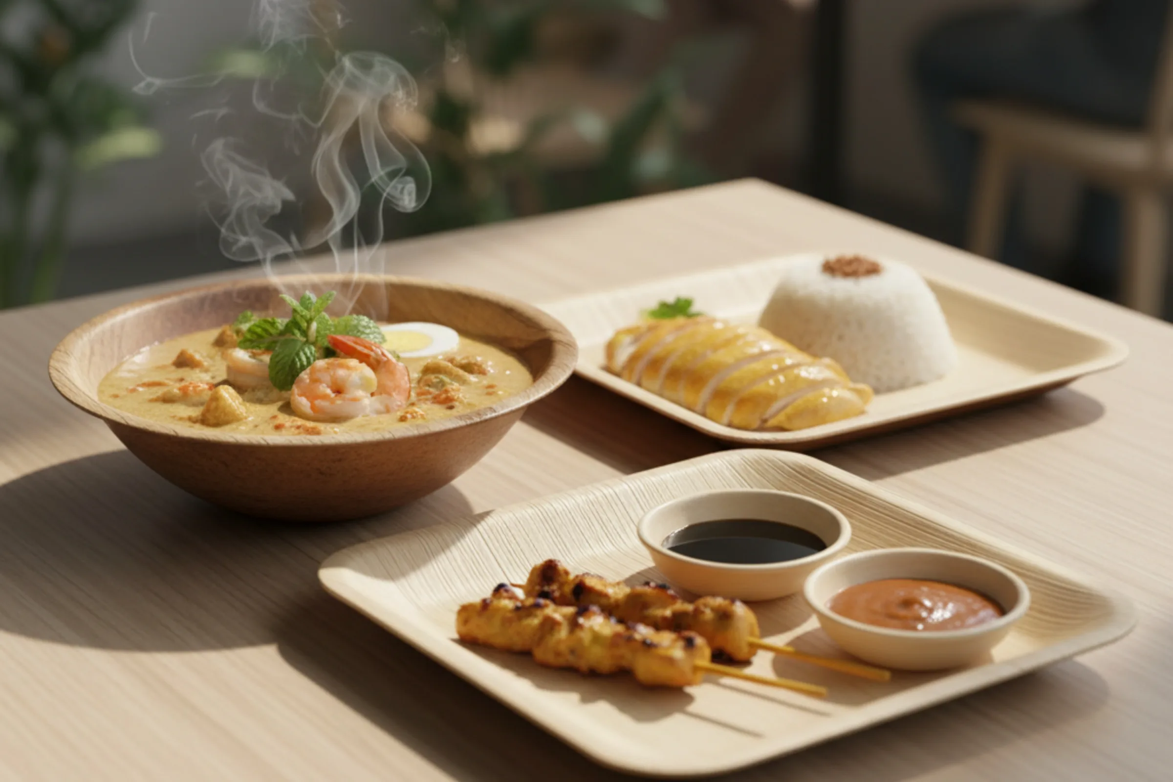 Laksa in a Satva bowl beside chicken rice and satay on square plates