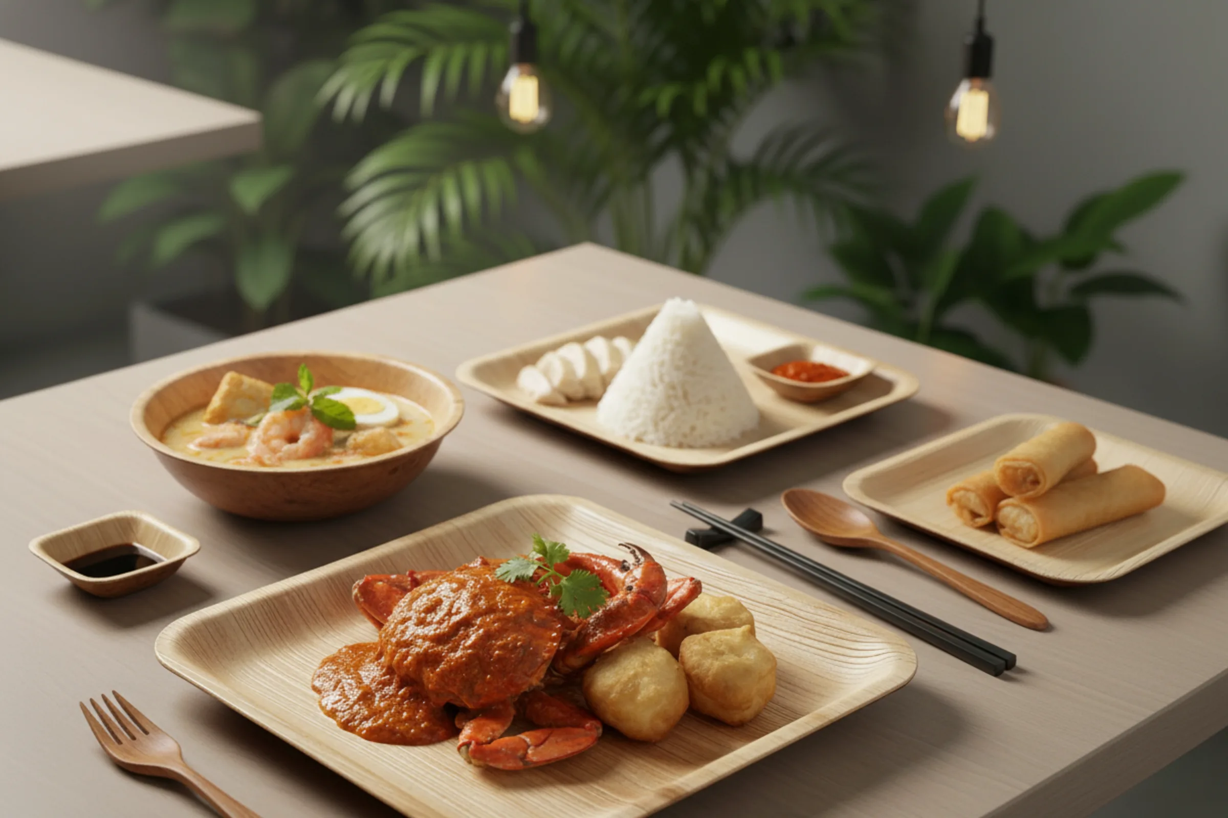 A place setting with chilli crab, rice and spring rolls on Satva plates