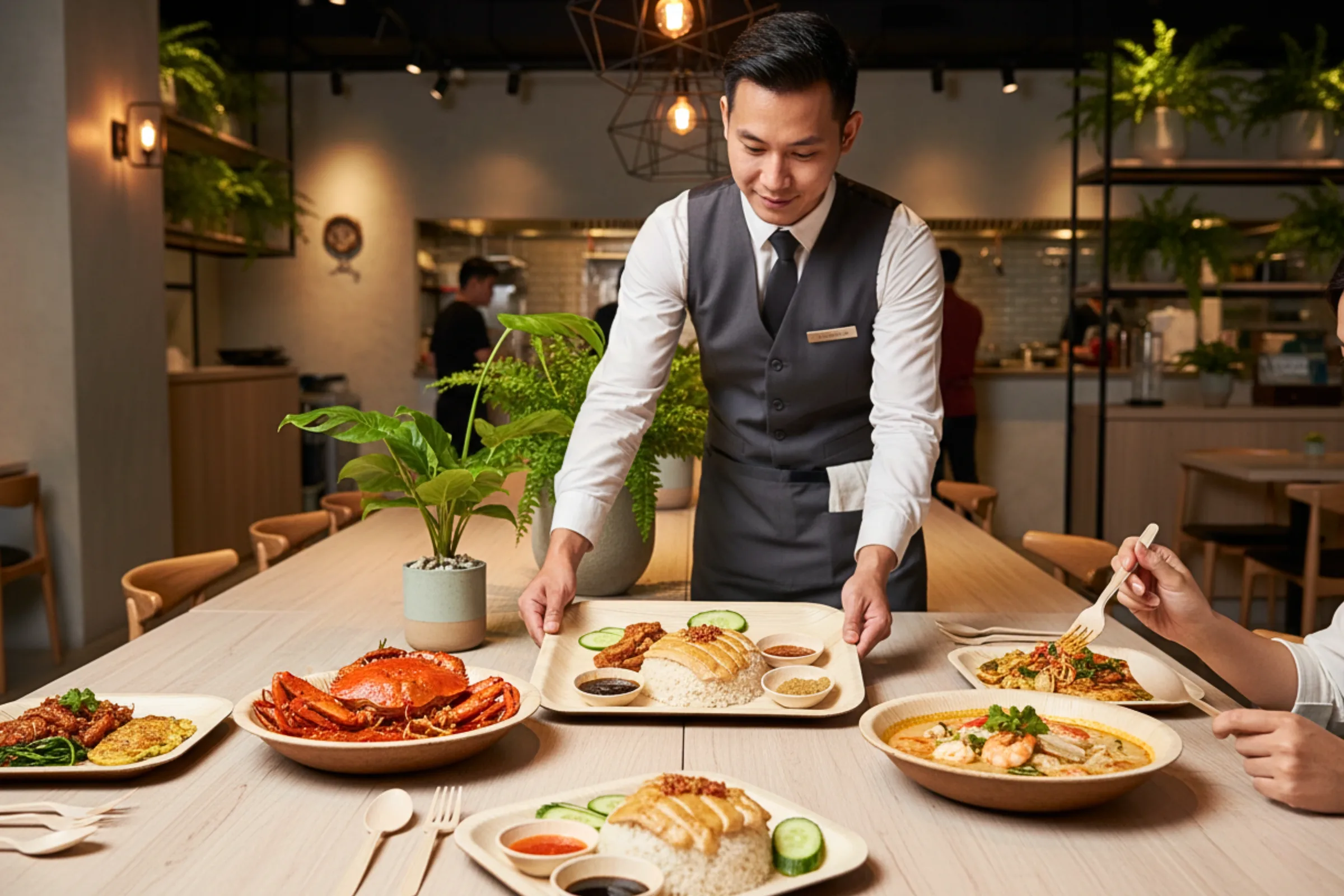 A server setting out dishes on Satva plates